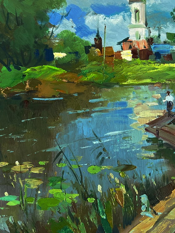 Original Oil Painting Impressionistic River Landscape Painting Bridge over the River, Paintings & Drawings (photo 5 of 11)