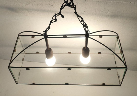 Image 1 of Ensemble de lampes suspendues rétro Amedi en verre/métal des années 90 (1 grande/double) 2 simples.