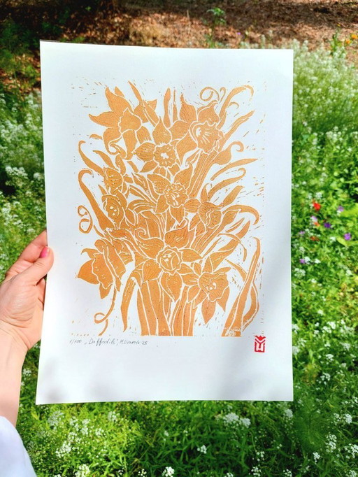 Jonquilles - Linogravure A3 faite à la main