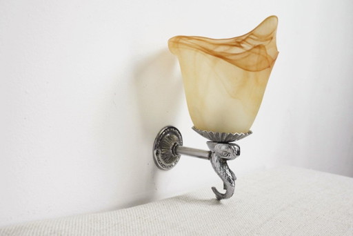 Applique Murale Française Poisson Lampe Chromée Tulipe en Verre Marbré Pêche Orange – wandlampen, Metal (photo 2 of 10)