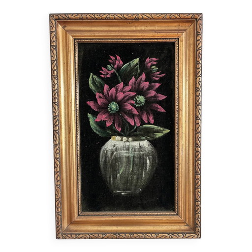 Peinture à l'huile originale vintage représentant une nature morte de fleurs rouges sur velours.