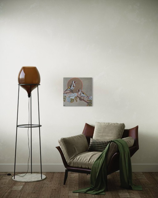 Goldfinches with apple blossom, oil on canvas 50x50, Sandra Kolondam