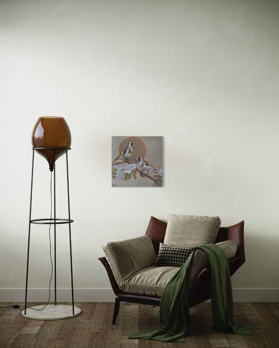 Image 1 of Goldfinches with apple blossom, oil on canvas 50x50, Sandra Kolondam