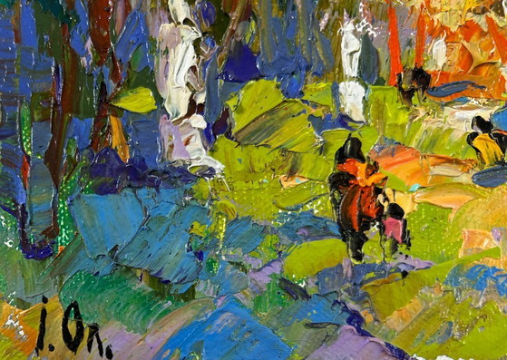 Image 1 of Peinture à l'huile originale représentant un paysage d'arbres d'été dans une allée du parc