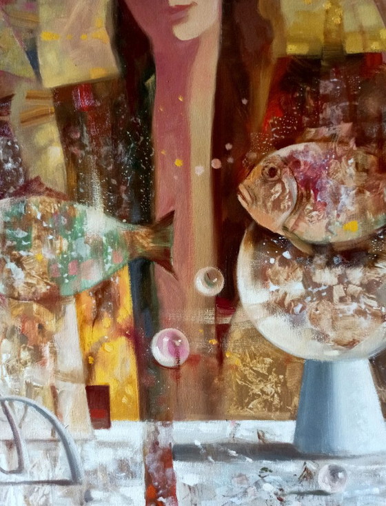 Origineel olieverfschilderij, abstract figuratief meisje, surrealisme, zwevende vis (photo 6 of 10)