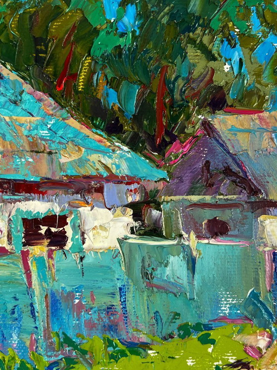 Image 1 of Peinture à l'huile originale, paysage rural, village, retour des champs