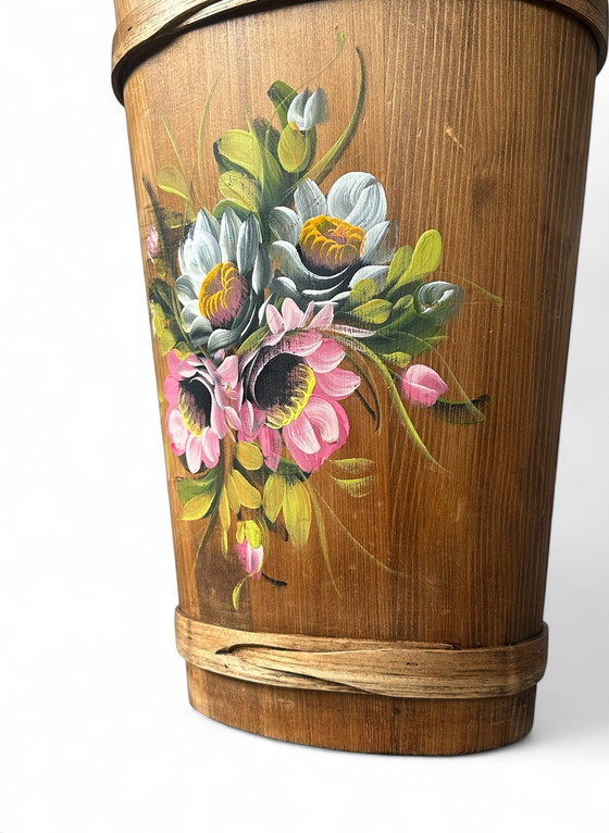 Image 1 of paraplubak vintage jaren 50 hout Beierse Alpen halmeubel entree handwerk vintage hand geschilderd fifties