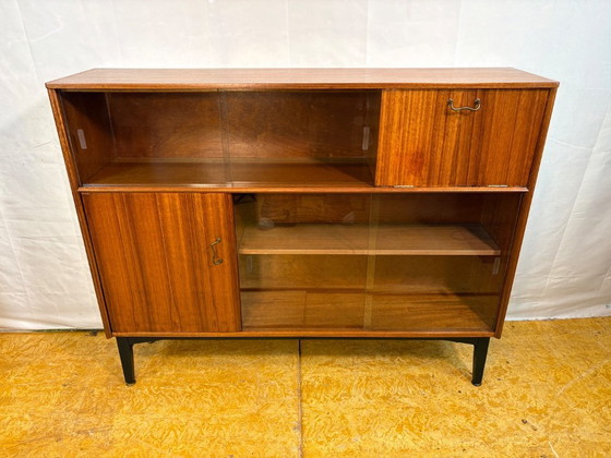 Image 1 of Mid-Century Retro Vintage Teak Sideboard / Bookcase / Display Cabinet by Nathan Furniture 1960s  Sliding Glass Doors • Bureau Fl