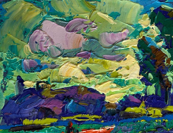 Image 1 of Original Oil Painting Evening River Landscape River and yellow sunset