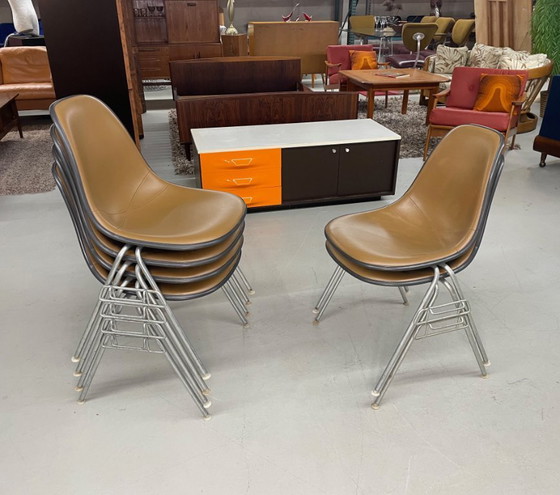 Image 1 of 6 Herman Miller Eames Stacking Shell Chairs with Brown Naugahyde Pads