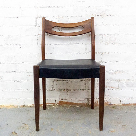 Image 1 of Teakhouten en zwart lederen stoelen, jaren 1950, set van 6