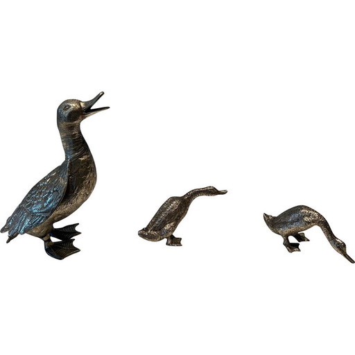 Set of 3 vintage silver-plated bronze ducks, 1970