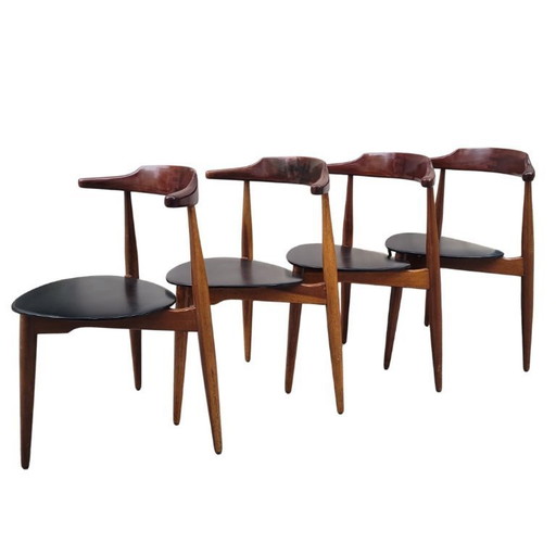 Eetkamerset, tafel en vier stoelen, naar Hans Olsen, Scandinavisch Modern, jaren 60 – Denemarken