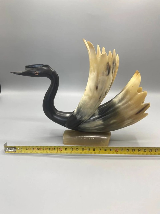 Large sculpted and polished natural horn heron, handcrafted sculpture signed Cerdon (photo 7 of 7)