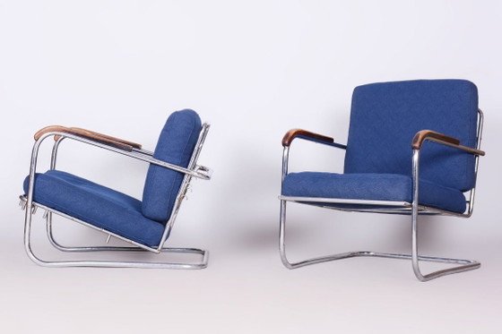 Origineel Bauhaus-paar fauteuils, verchroomd staal, Zwitserland, jaren 1930 – SAB Prague, Metal, Textile (photo 14 of 18)