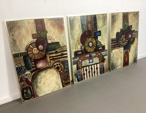 3 abstracte olieverf schilderijen in lijst Envee 1993