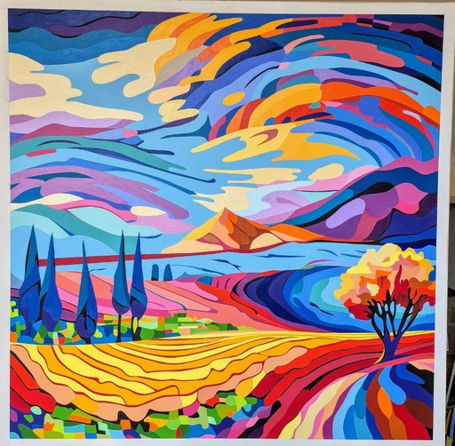 Dreamworld - Buntes Landschaftsgemälde von Franklin van Dam (Acryl auf MDF)
