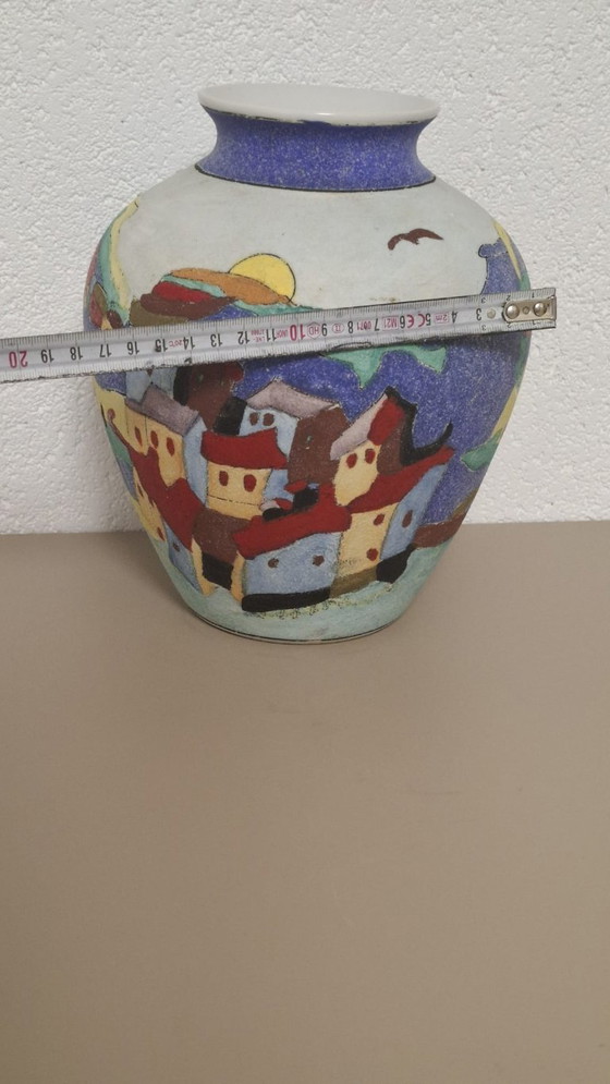 Image 1 of Hand-Painted Ceramic Vase – Colorful Village Scene – Signed Limosse