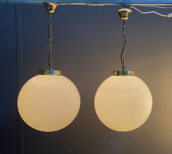 Image 1 of Sphere opal glass hanging lamps 1970s by Kamenicky Senov