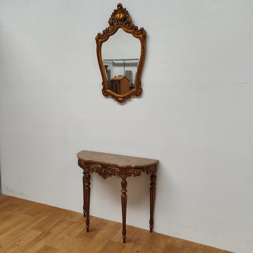Italienischer Barock Rokoko Wandkonsole Beistelltisch mit Marmorplatte und Spiegel
