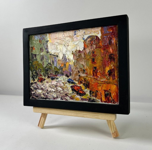 Original Oil Painting Gloomy Street Landscape City in the morning