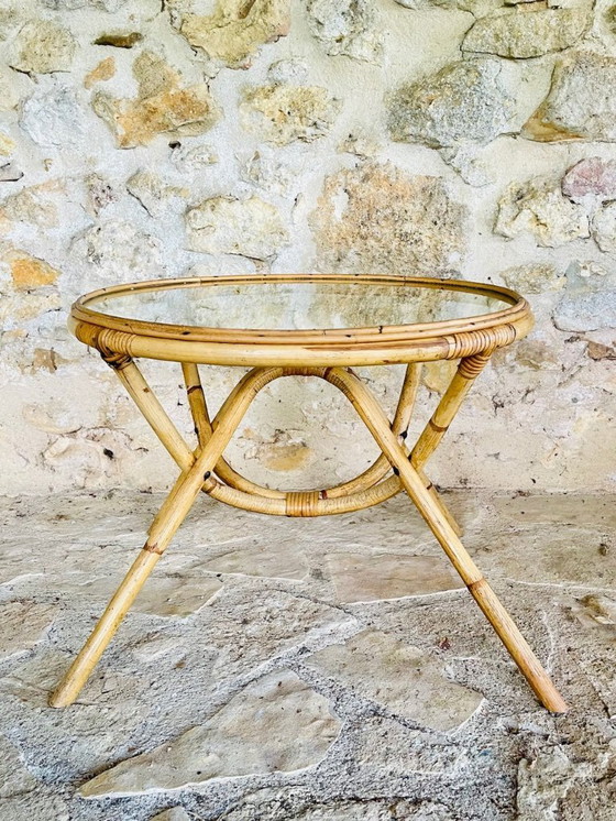 Image 1 of Tavolino vintage in rattan e bambù con piano in vetro, anni '60