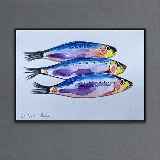 Image 1 of Gesigneerde aquarel. 2023. Thema: sardines.