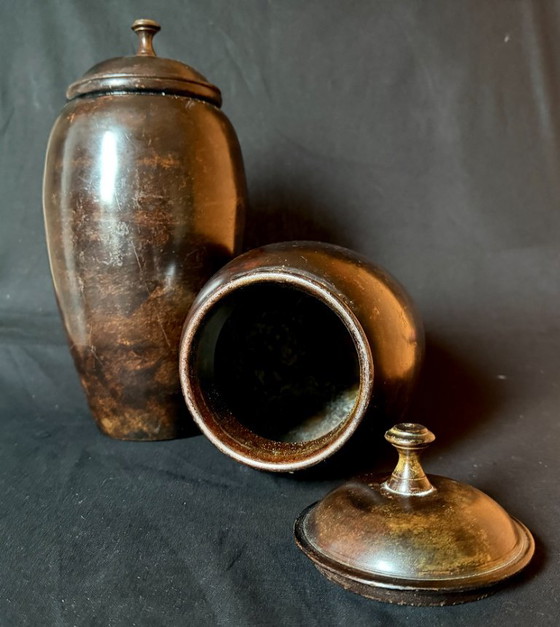 Two vintage wooden vases with lid, brown, Metal (photo 8 of 10)