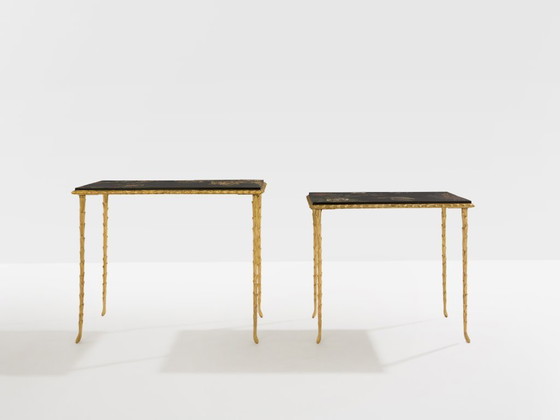 Image 1 of Maison Baguès foliage gilt bronze chinoiserie lacquered side tables 1950s