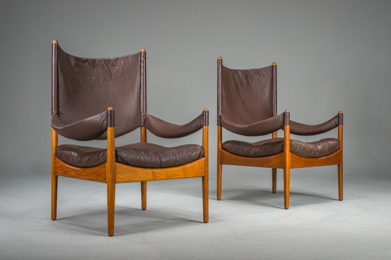 Image 1 of  Mid-Century Modern Danish Oak and Leather Lounge Chairs with Ottoman by Kristian Vedel for Søren Wiladsen, 1960s, Set of 3