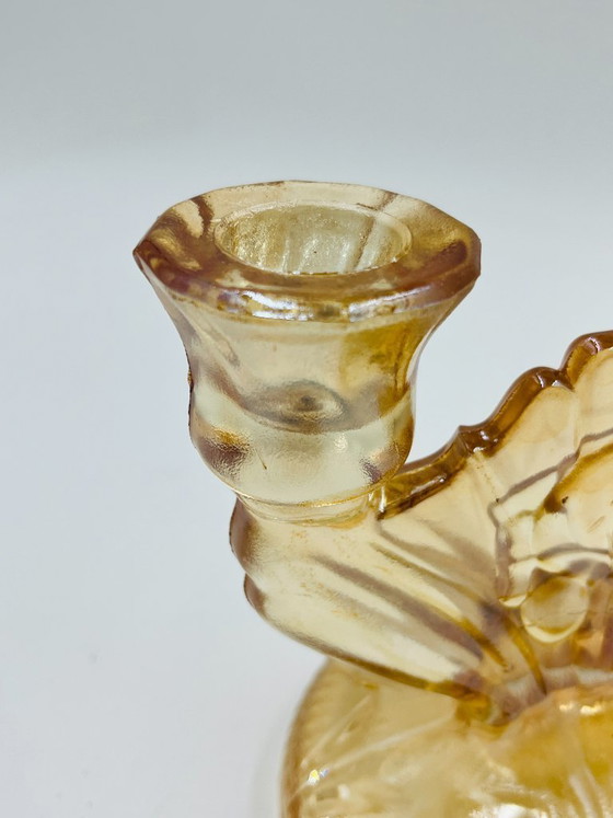 Image 1 of Ein Paar Empoli-Kerzenständer aus bernsteinfarbenem Glas im Art-Deco-Stil