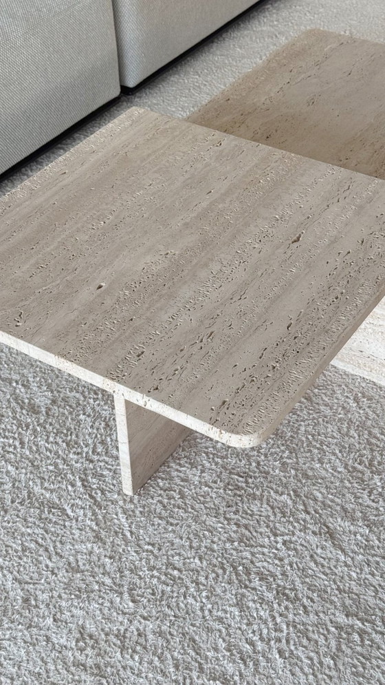 Image 1 of Set of 2 travertine side tables - Design natural stone tables in minimalist style