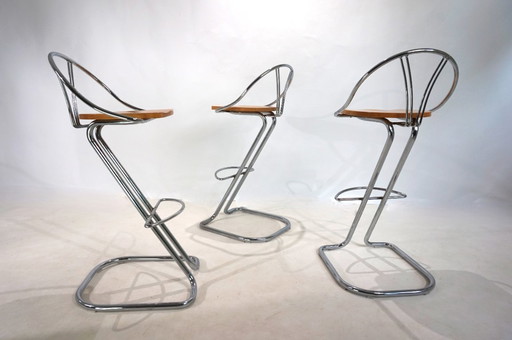 Set of 3 chrome cantilever bar stools, 1970