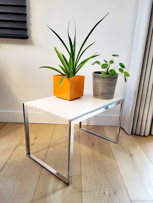 Vintage Side Table Or Plant Table With Chrome Base And White Wooden Top