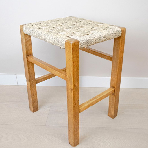 Low Wooden Stool with Seagrass Cord