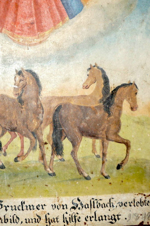 antique votive plaque 1842 * mary and child with horses * hand painted ex voto * horse folk art
