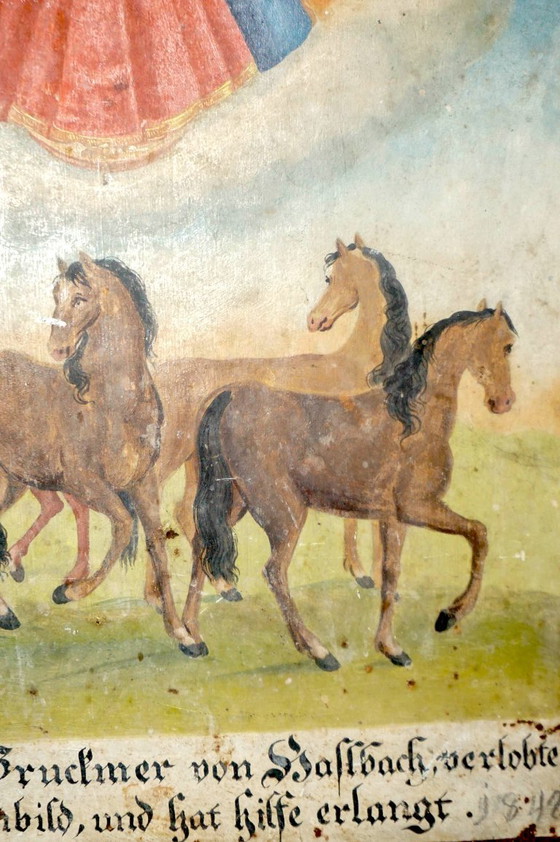 Image 1 of antique votive plaque 1842 * mary and child with horses * hand painted ex voto * horse folk art