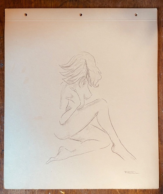 Image 1 of Nude female drawing "squatting sketchbook" on antique cardboard