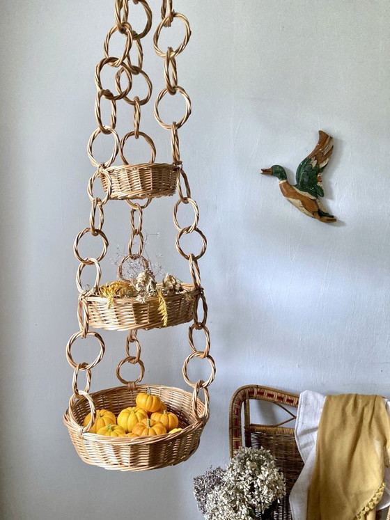 Large Wicker Hanging Basket with Three Tiers, Twisted Ring Chain, Decorative Objects, Beige (photo 3 of 18)