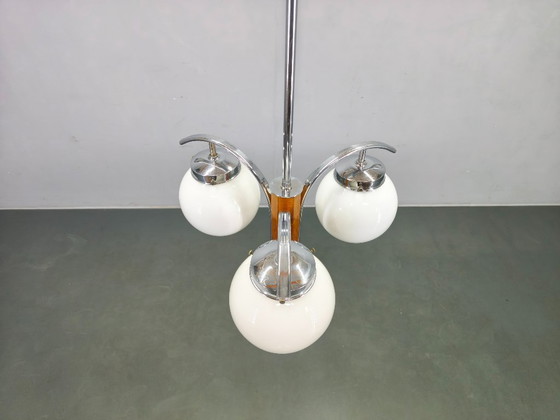 Image 1 of Lampadario Art Déco, cromo, noce e vetro, anni '30