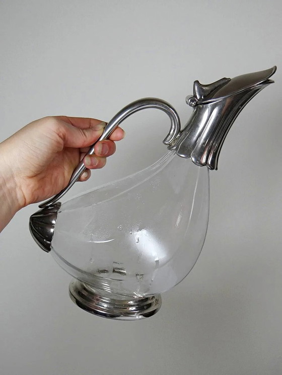 Vintage glass and silver-plated metal jug, modernist pitcher/carafe from ., Glass & Decanter, Transparent (photo 4 of 14)