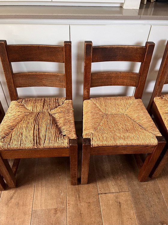 Houten butalistische stoelen set, Eetkamerstoelen, Rotan, Beige (foto 3 van 9)