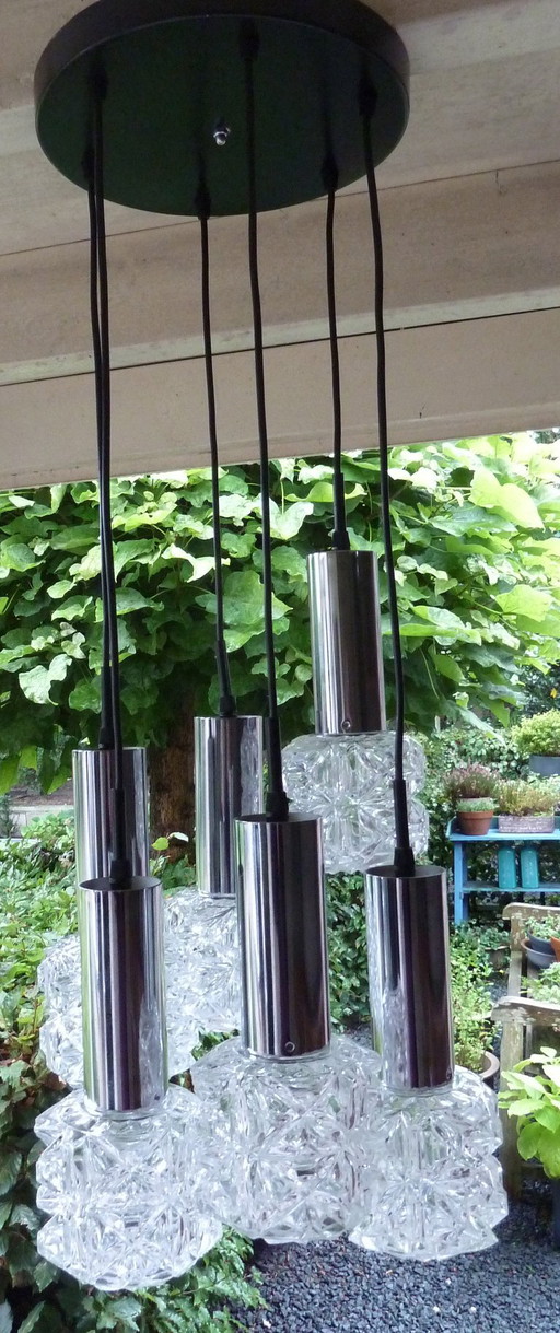 Lampada a Sospensione Cascade Mid-Century con 6 Paralumi in Vetro (Anni '60/'70)