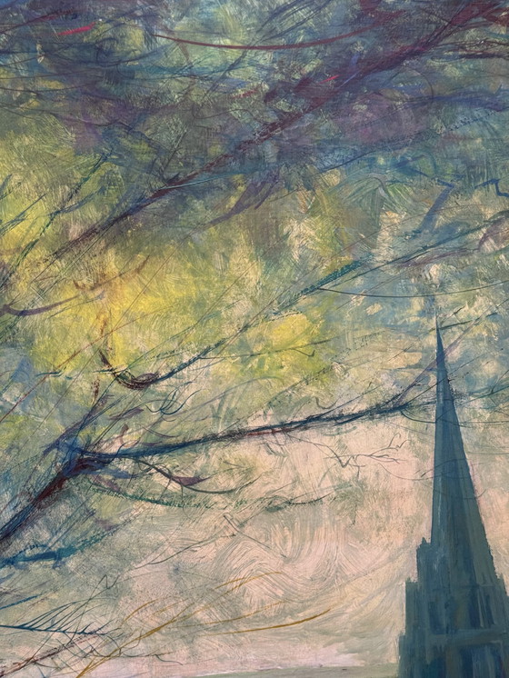 Image 1 of Ben Genaux (1911–1996, Belgio) - Paesaggio surreale con torre e farfalla, olio su tavola