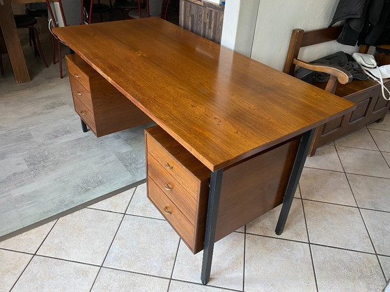 Image 1 of Scrivania direzionale bifacciale in stile scandinavo, in palissandro e metallo, con 6 cassetti, vintage anni '60.