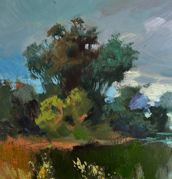 Image 1 of Original Oil Painting Summer Nature Landscape The rain is approaching the river