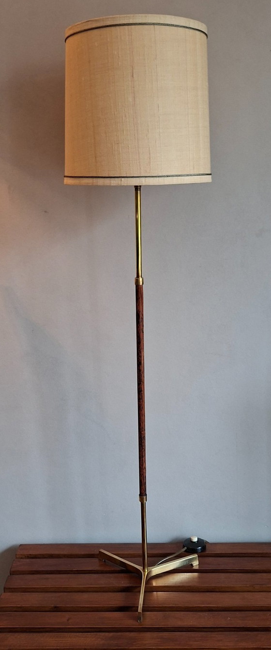 Image 1 of Mid Century Design Vloerlamp, 60 Ties. Brass En Palissanderhout.