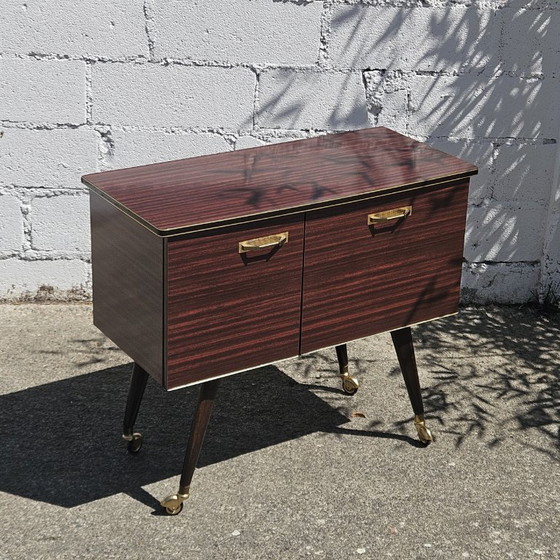 Image 1 of Mid-Century Formica Bar Trolley - Bar Cabinet - Mahogany Style - 60s