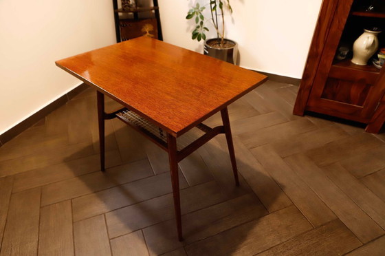 Image 1 of Brussels Style Retro Table with Woven Shelf – Dřevopodnik Holešov, 1960s 