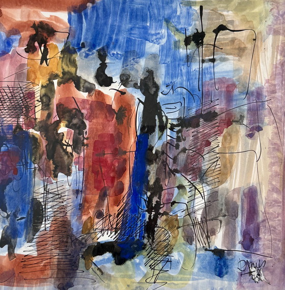 Image 1 of Prachtig abstract schilderij uit 1975 - René Mels, groot Belgisch kunstenaar - Ingelijst